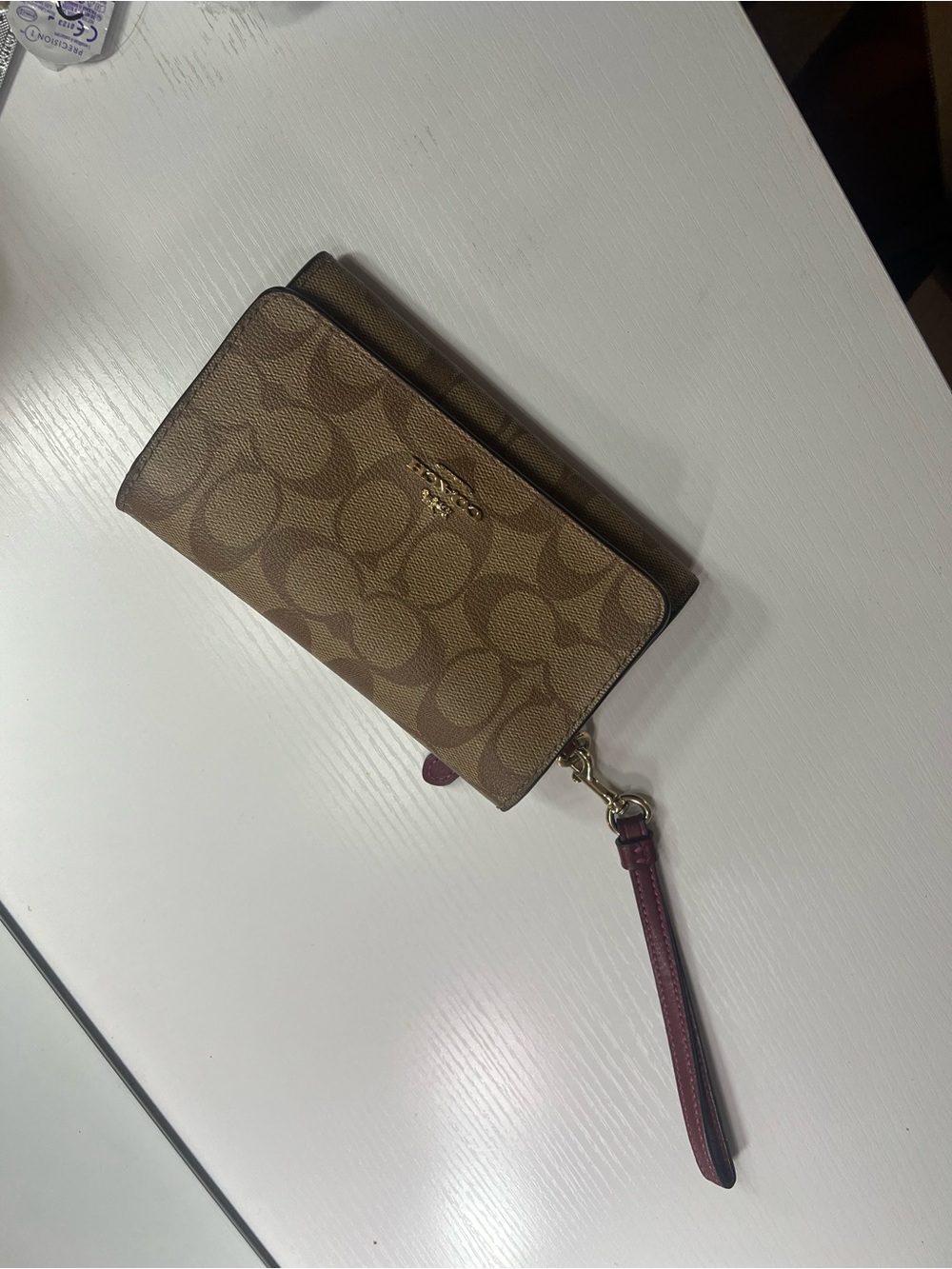 Coach Long Double Zip Brown Signature Canvas Wristlet with Maroon Strap